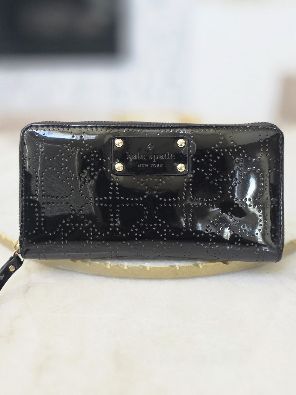 Kate Spade New York Jazzy Metro Black Patent Perforated Wristlet Wallet